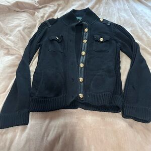 Ralph Lauren Dark Gray Knit Vintage Leather Trim Sweater MP